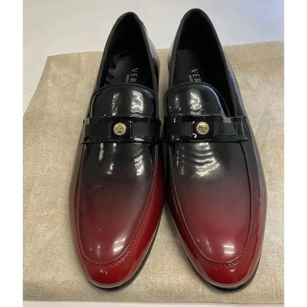Versace Men's Black Cherry Ombre Patent Leather Medusa Loafers Italy sz 44 us 10